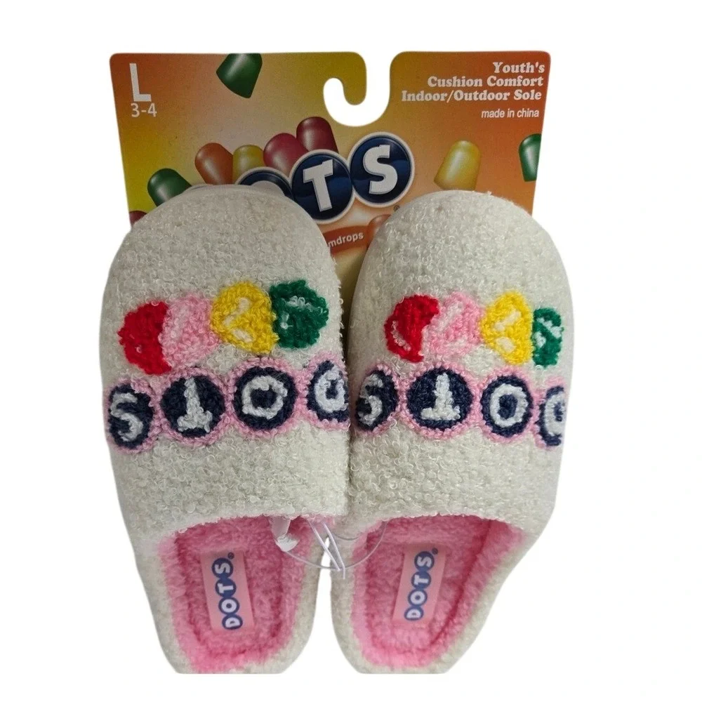 Dots Candy Plush Slippers Youth Large 3-4 Cozy Indoor Outdoor‎ Hard Sole